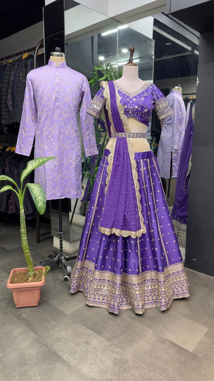 "Purple Elegance Ensemble: Dreamer Women's Full Stitched Lehenga Choli with Heavy Embroidery and Mirror Work (With Free Men's Kurta Bottom Set)