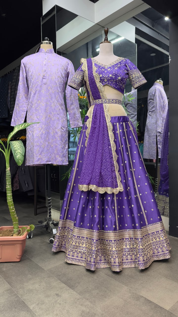 "Purple Elegance Ensemble: Dreamer Women's Full Stitched Lehenga Choli with Heavy Embroidery and Mirror Work (With Free Men's Kurta Bottom Set)