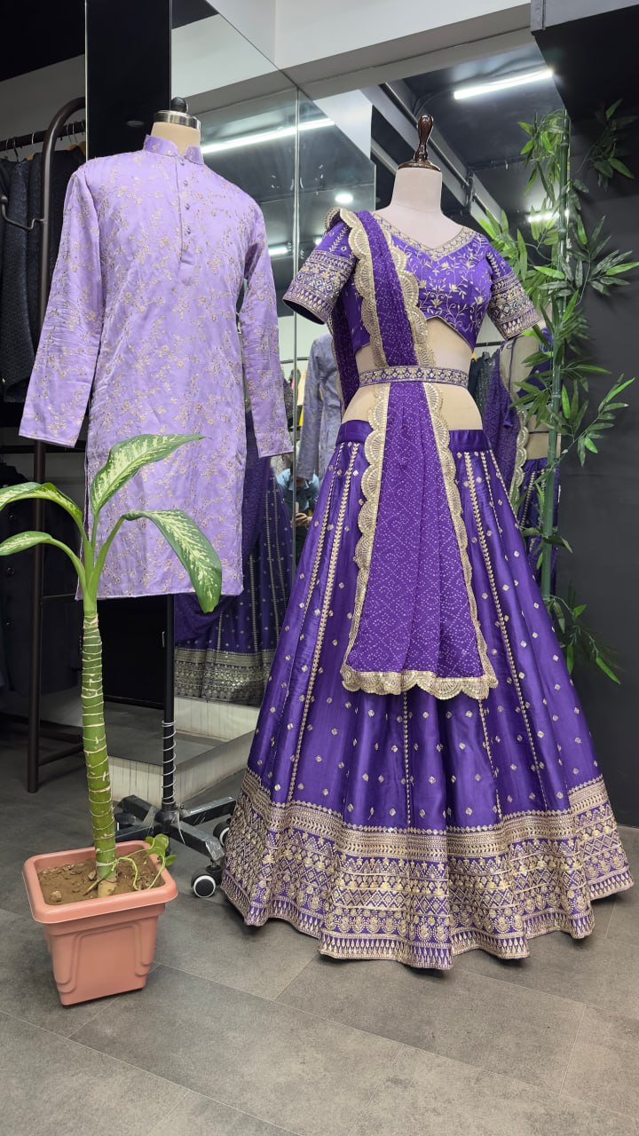 "Purple Elegance Ensemble: Dreamer Women's Full Stitched Lehenga Choli with Heavy Embroidery and Mirror Work (With Free Men's Kurta Bottom Set)