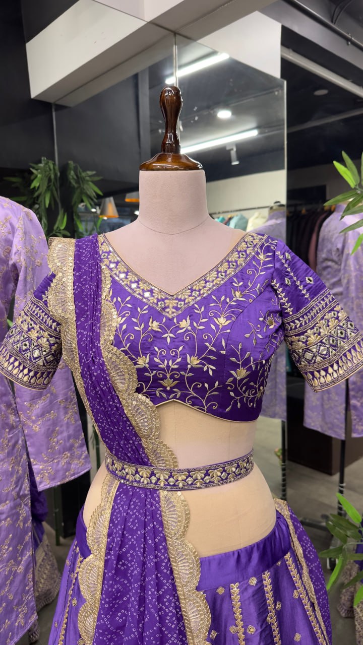 "Purple Elegance Ensemble: Dreamer Women's Full Stitched Lehenga Choli with Heavy Embroidery and Mirror Work (With Free Men's Kurta Bottom Set)