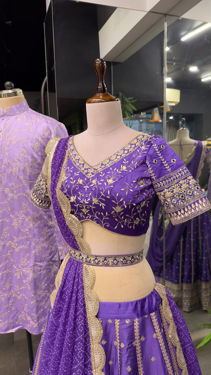 "Purple Elegance Ensemble: Dreamer Women's Full Stitched Lehenga Choli with Heavy Embroidery and Mirror Work (With Free Men's Kurta Bottom Set)