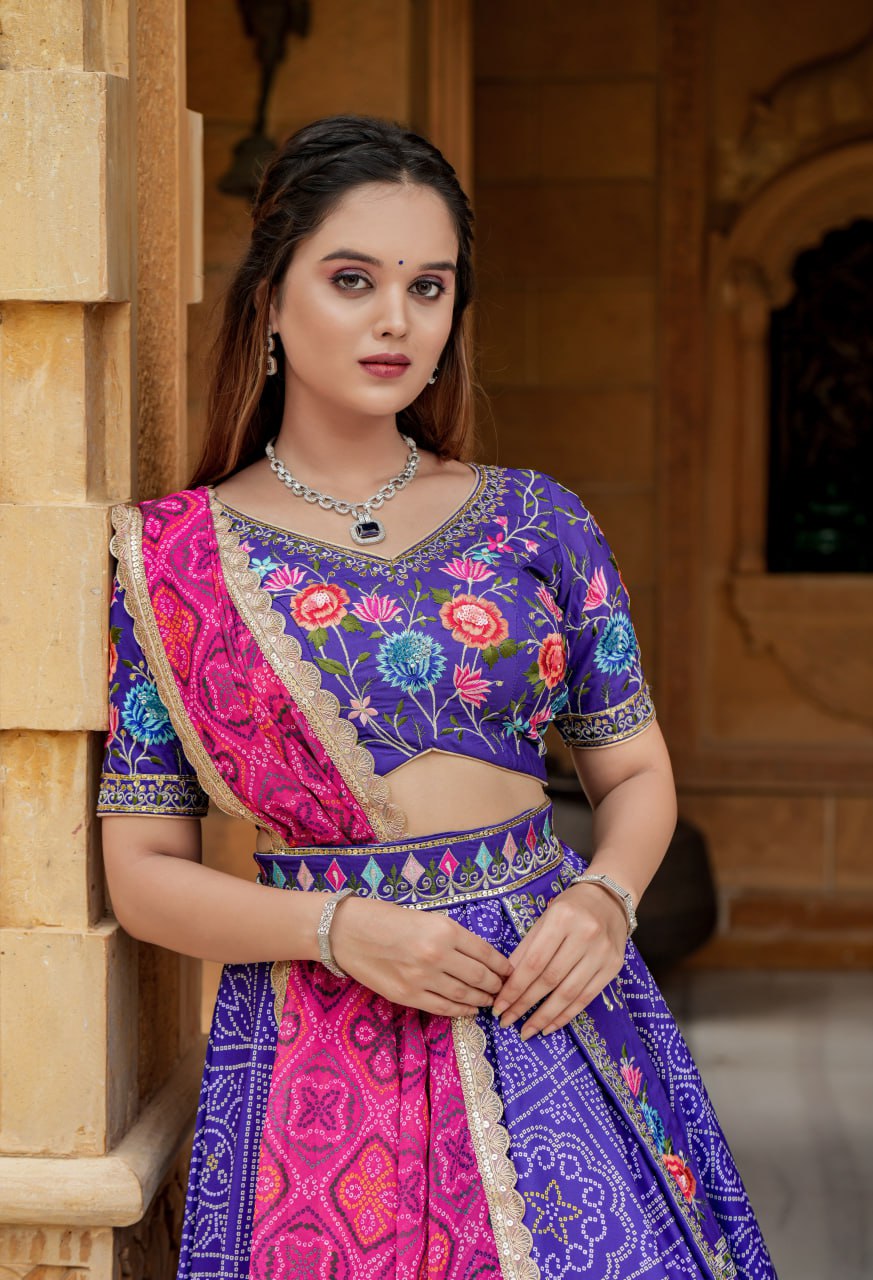 "Iris Purple Elegance: Women's Purple Lehenga Choli Set with Free Men's Kurta - Hand Embroidery, Badhani Print, and Georgette Dupatta"