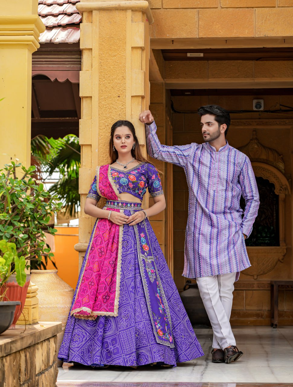 "Iris Purple Elegance: Women's Purple Lehenga Choli Set with Free Men's Kurta - Hand Embroidery, Badhani Print, and Georgette Dupatta"