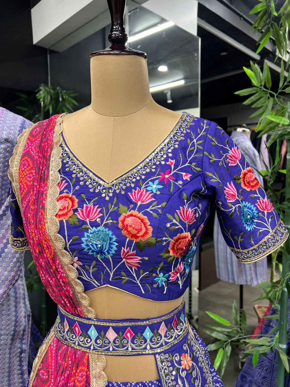 "Iris Purple Elegance: Women's Purple Lehenga Choli Set with Free Men's Kurta - Hand Embroidery, Badhani Print, and Georgette Dupatta"