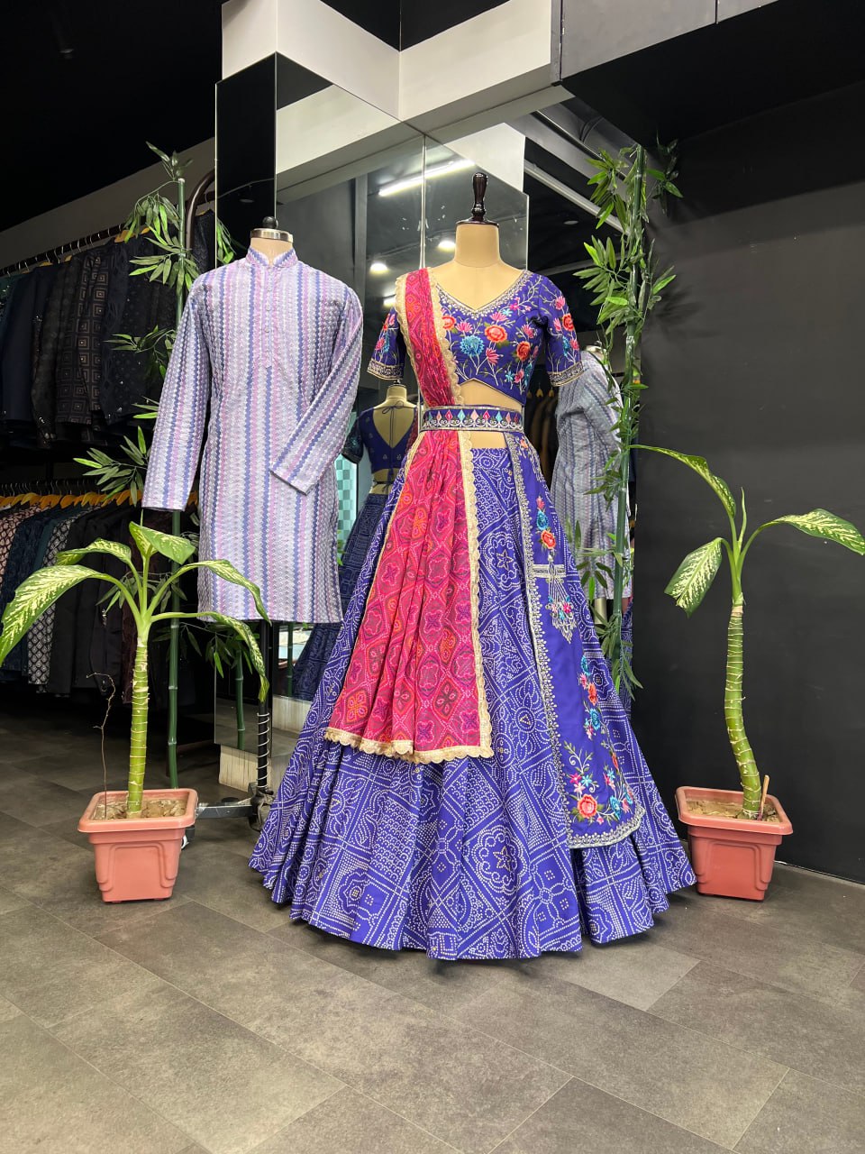 "Iris Purple Elegance: Women's Purple Lehenga Choli Set with Free Men's Kurta - Hand Embroidery, Badhani Print, and Georgette Dupatta"