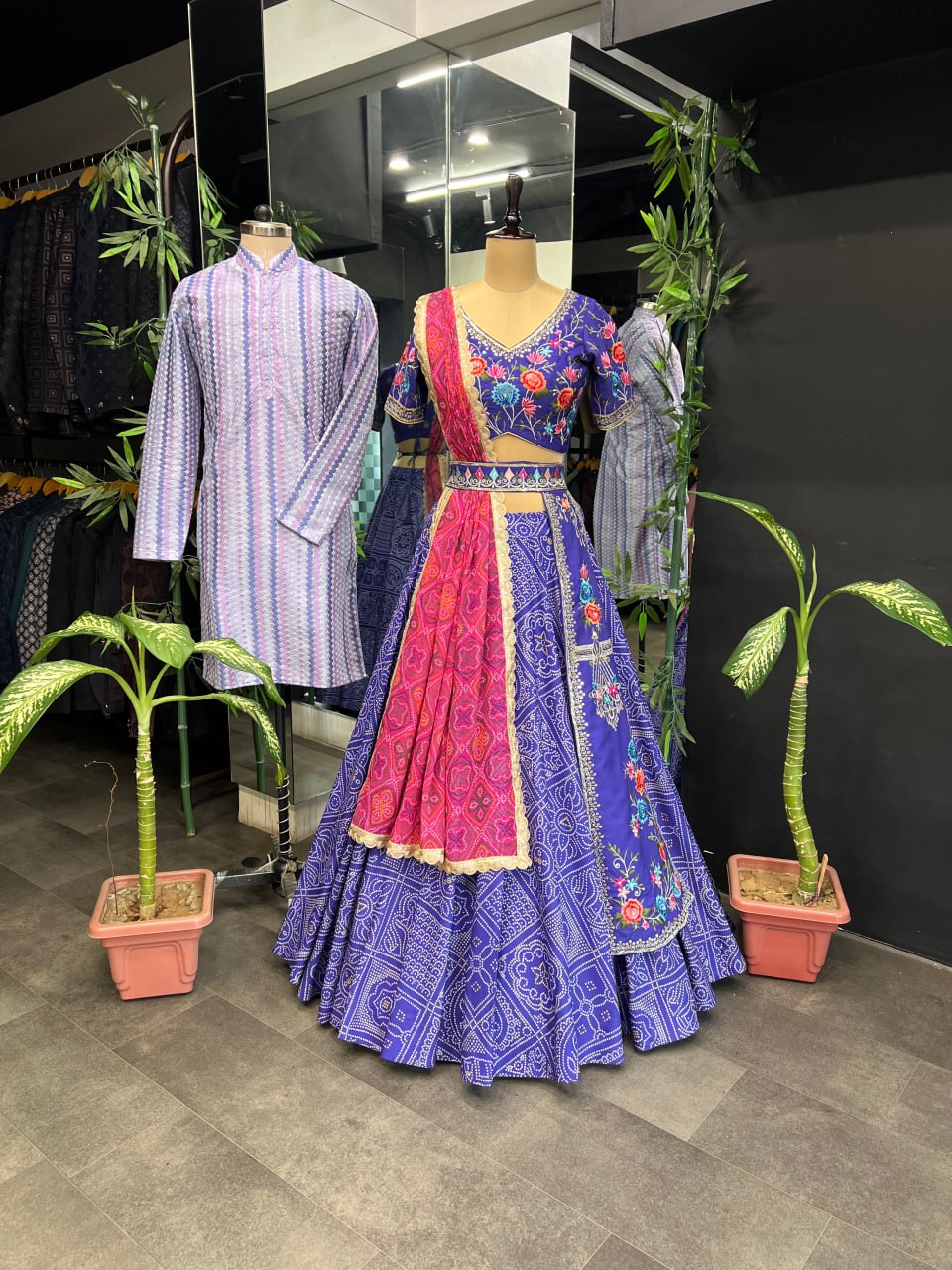 "Iris Purple Elegance: Women's Purple Lehenga Choli Set with Free Men's Kurta - Hand Embroidery, Badhani Print, and Georgette Dupatta"