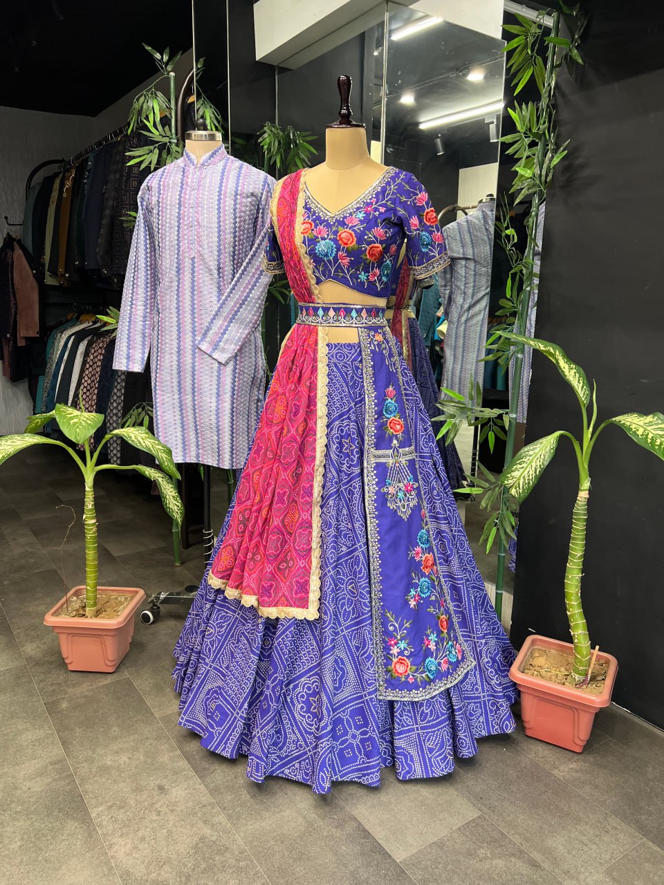 "Iris Purple Elegance: Women's Purple Lehenga Choli Set with Free Men's Kurta - Hand Embroidery, Badhani Print, and Georgette Dupatta"