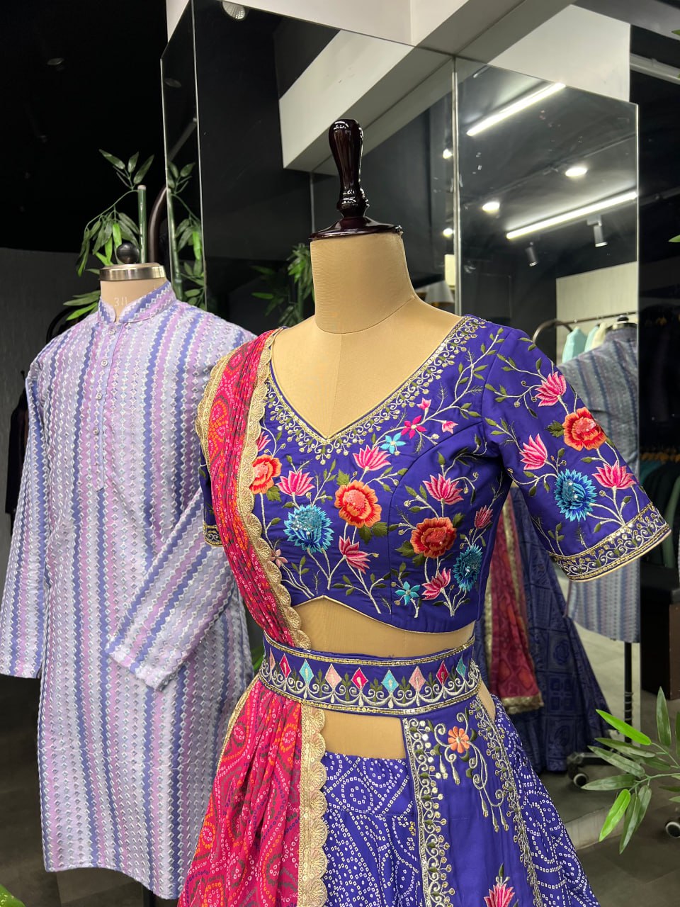 "Iris Purple Elegance: Women's Purple Lehenga Choli Set with Free Men's Kurta - Hand Embroidery, Badhani Print, and Georgette Dupatta"