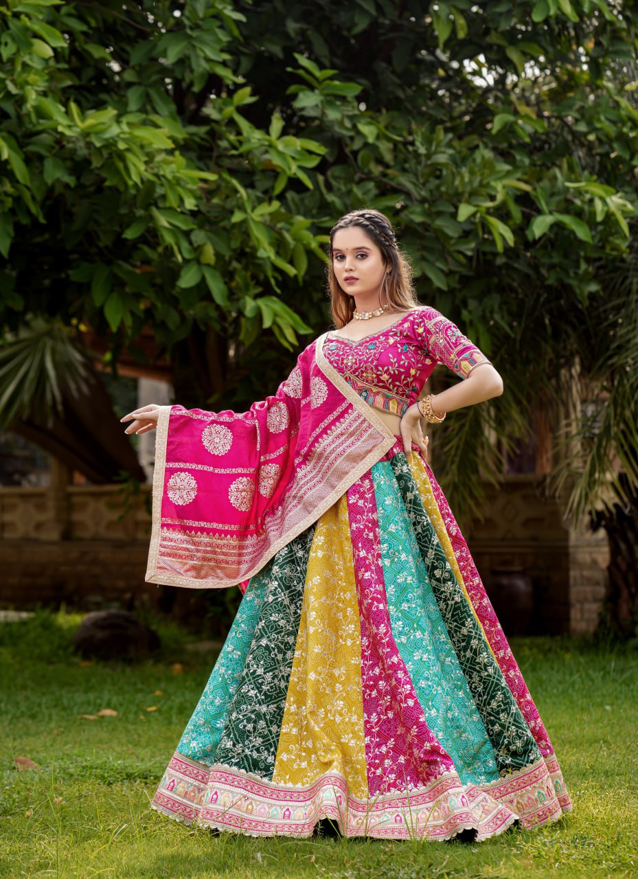 "Exquisite Multicolor Lahenga Choli Set with Men's Kurta - Heavy Embroidery, Sequins, and Jacquard Dupatta - Perfect for Festivals and Celebrations!"