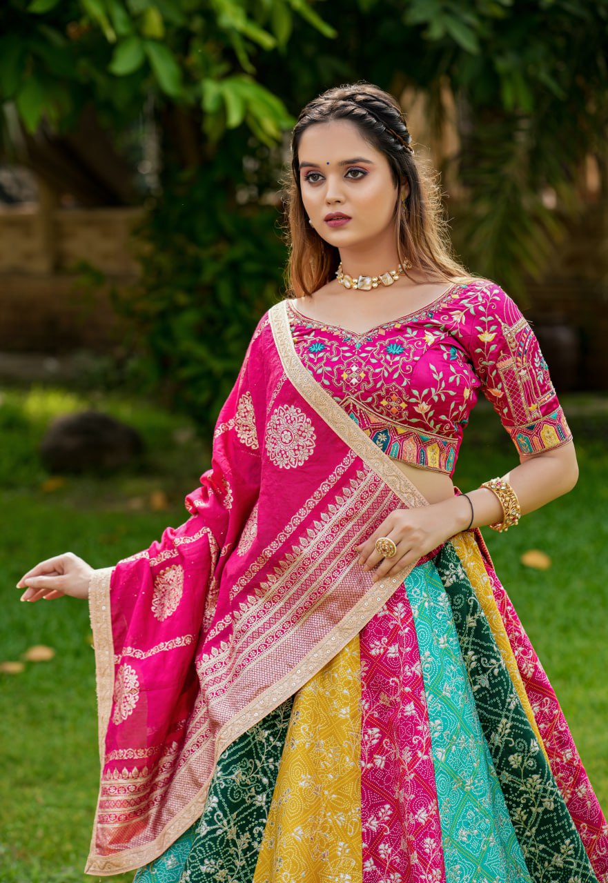 "Exquisite Multicolor Lahenga Choli Set with Men's Kurta - Heavy Embroidery, Sequins, and Jacquard Dupatta - Perfect for Festivals and Celebrations!"