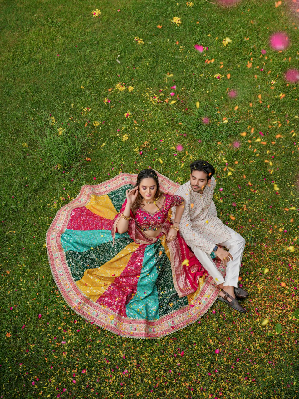 "Exquisite Multicolor Lahenga Choli Set with Men's Kurta - Heavy Embroidery, Sequins, and Jacquard Dupatta - Perfect for Festivals and Celebrations!"