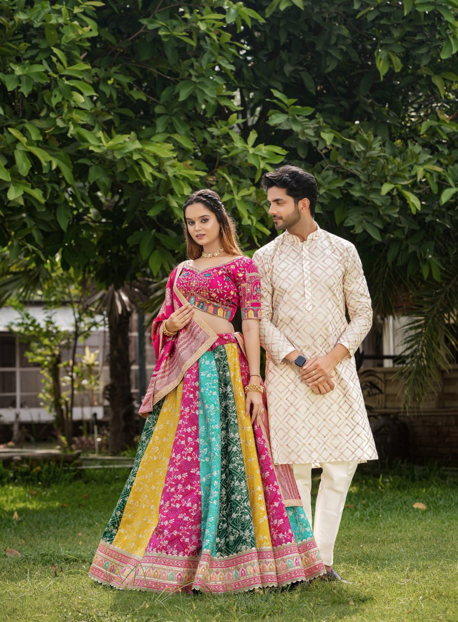 "Exquisite Multicolor Lahenga Choli Set with Men's Kurta - Heavy Embroidery, Sequins, and Jacquard Dupatta - Perfect for Festivals and Celebrations!"