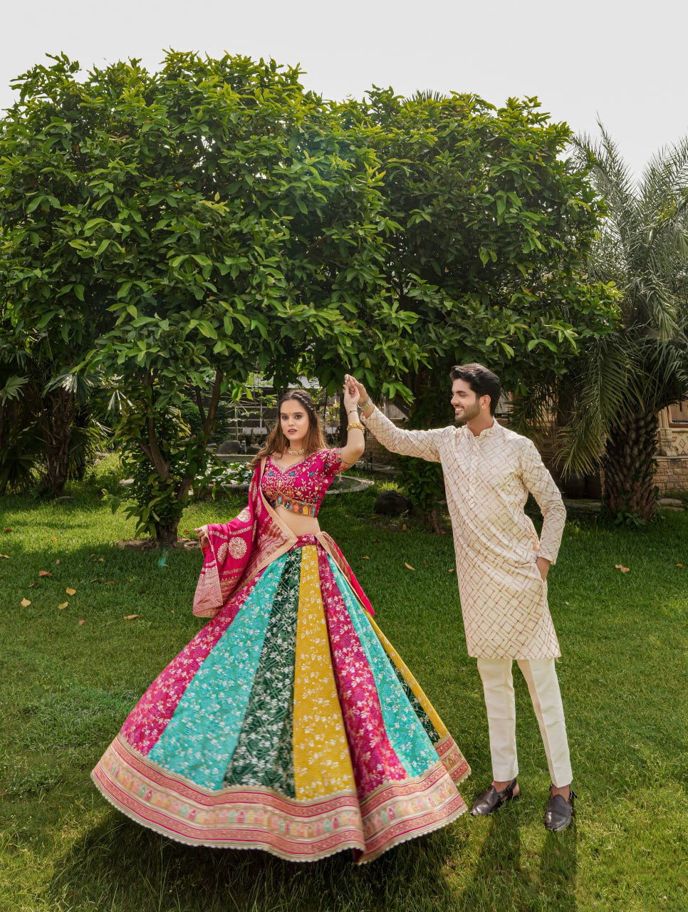 "Exquisite Multicolor Lahenga Choli Set with Men's Kurta - Heavy Embroidery, Sequins, and Jacquard Dupatta - Perfect for Festivals and Celebrations!"