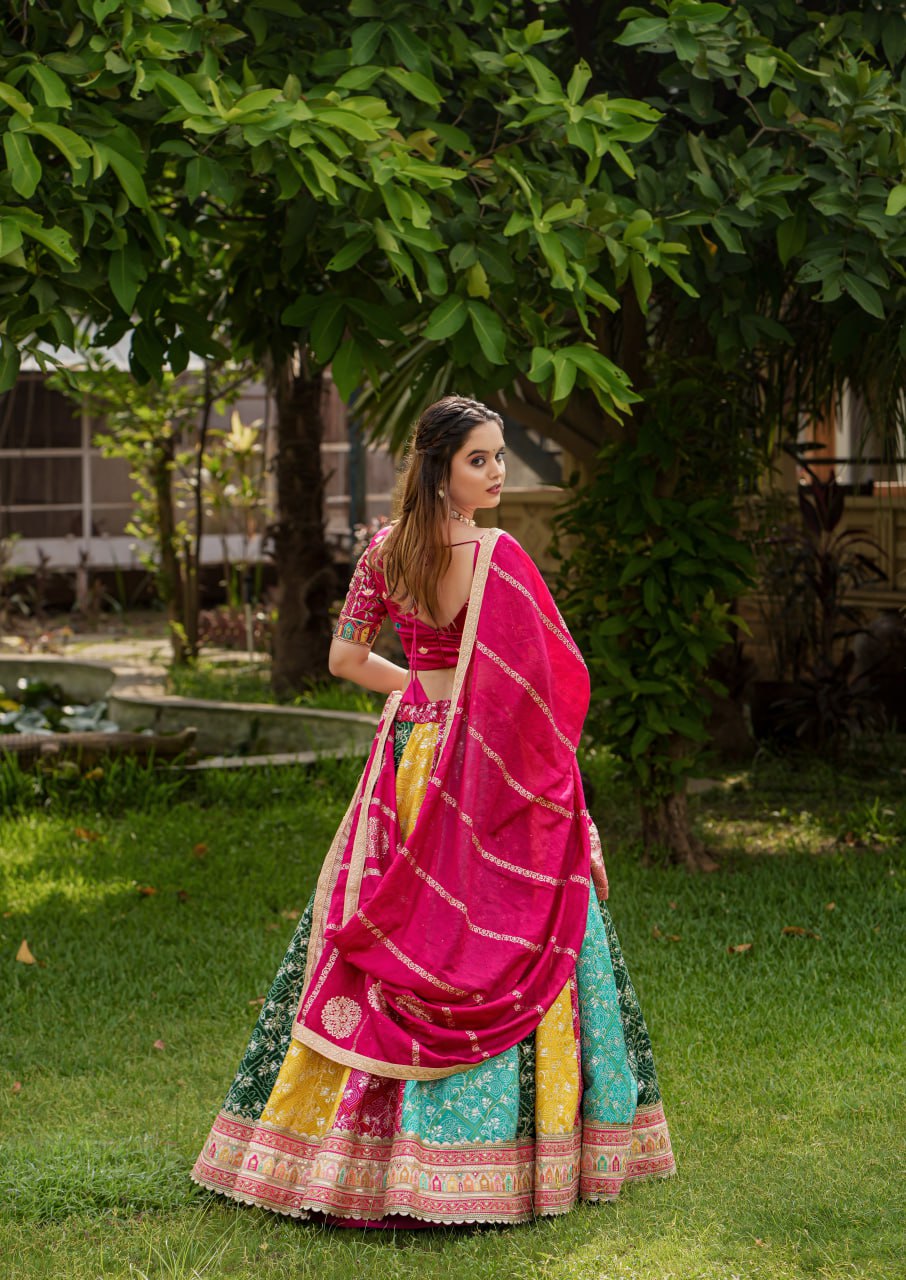 "Exquisite Multicolor Lahenga Choli Set with Men's Kurta - Heavy Embroidery, Sequins, and Jacquard Dupatta - Perfect for Festivals and Celebrations!"