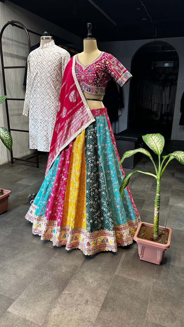 "Exquisite Multicolor Lahenga Choli Set with Men's Kurta - Heavy Embroidery, Sequins, and Jacquard Dupatta - Perfect for Festivals and Celebrations!"