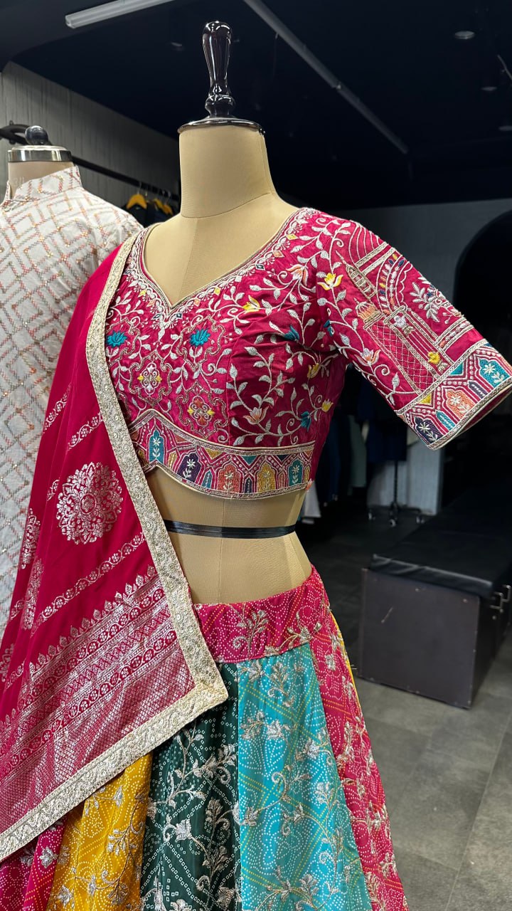 "Exquisite Multicolor Lahenga Choli Set with Men's Kurta - Heavy Embroidery, Sequins, and Jacquard Dupatta - Perfect for Festivals and Celebrations!"