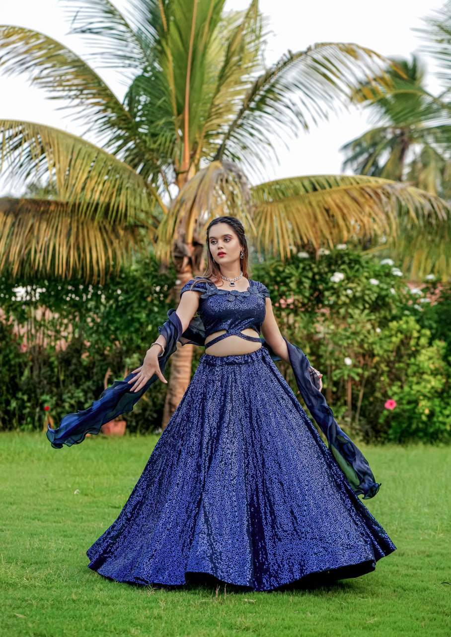 "Navy Blue Cinderella Sequence Embroidered Lehenga Set with Men's Kurta - Complete Wedding Ensemble"