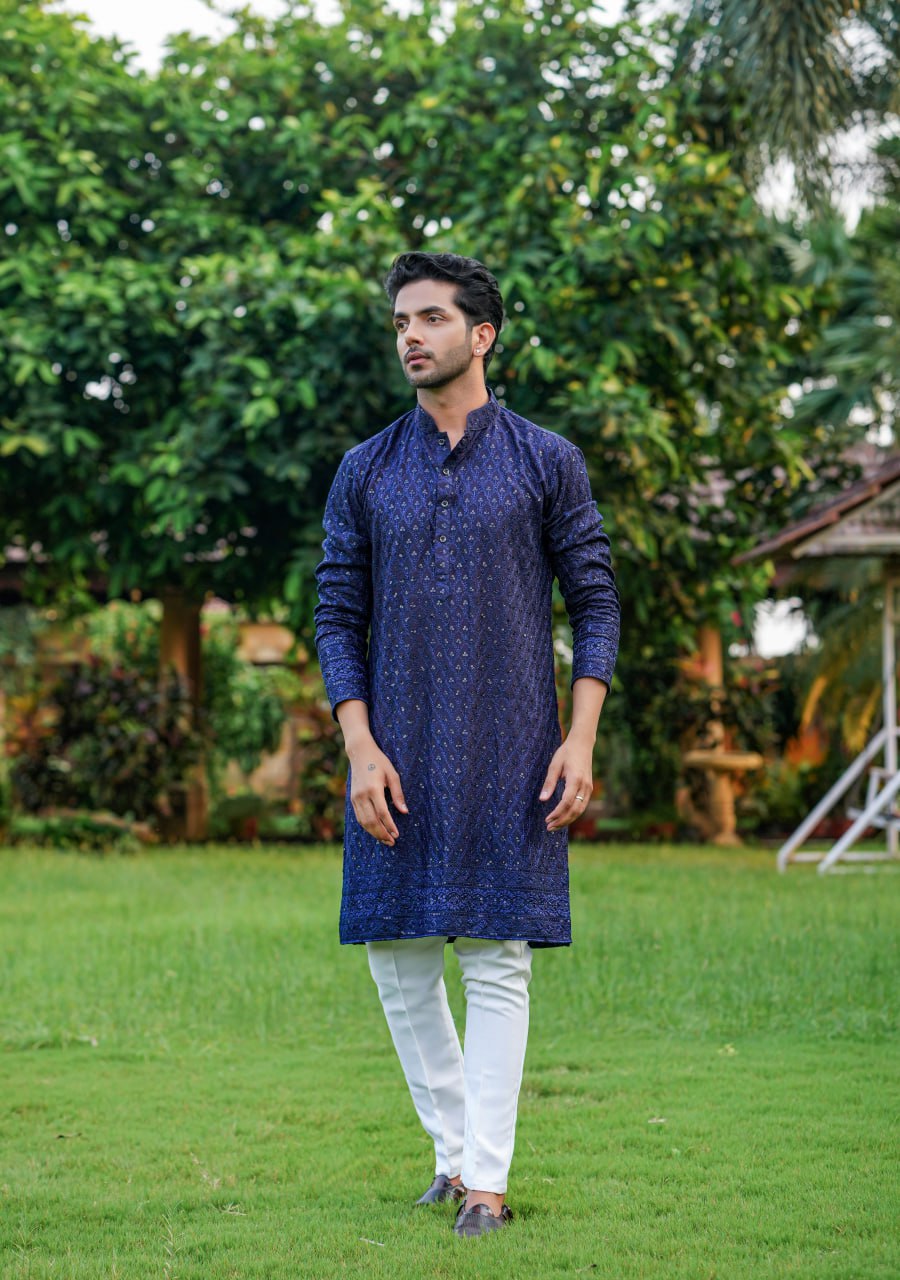 "Navy Blue Cinderella Sequence Embroidered Lehenga Set with Men's Kurta - Complete Wedding Ensemble"