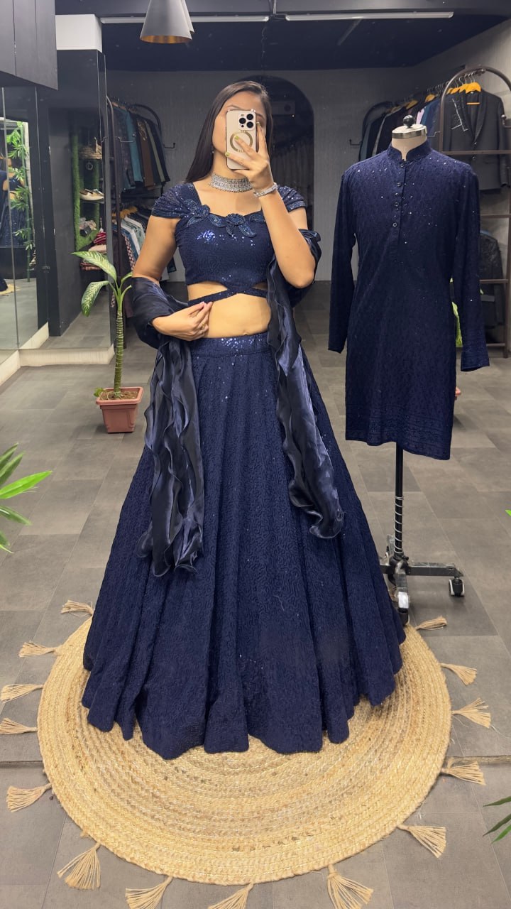 "Navy Blue Cinderella Sequence Embroidered Lehenga Set with Men's Kurta - Complete Wedding Ensemble"