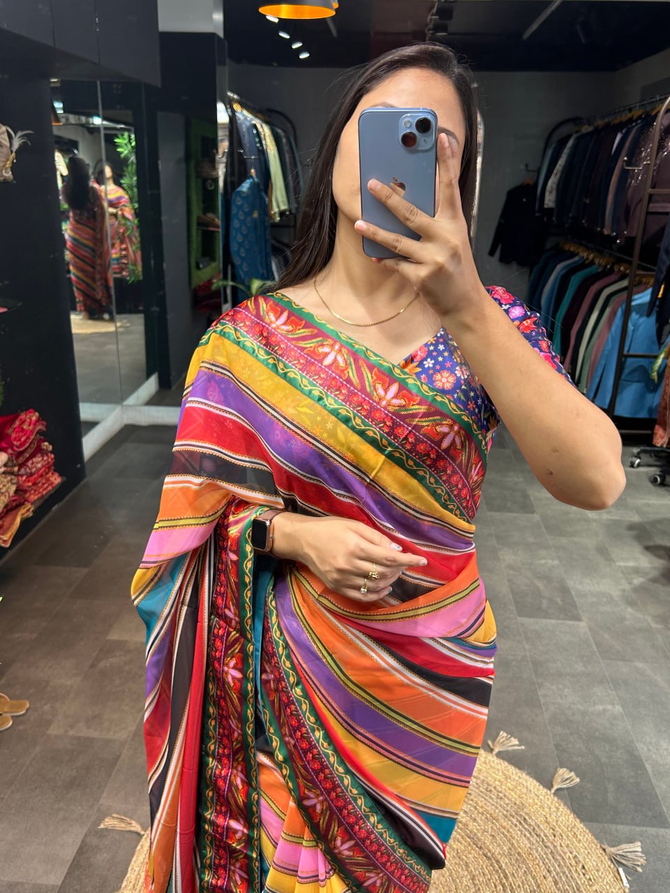 "Alia Georgette Multi Colour Striped Saree with Digital Print & Navy Blue Blouse - Ethnic Elegance"