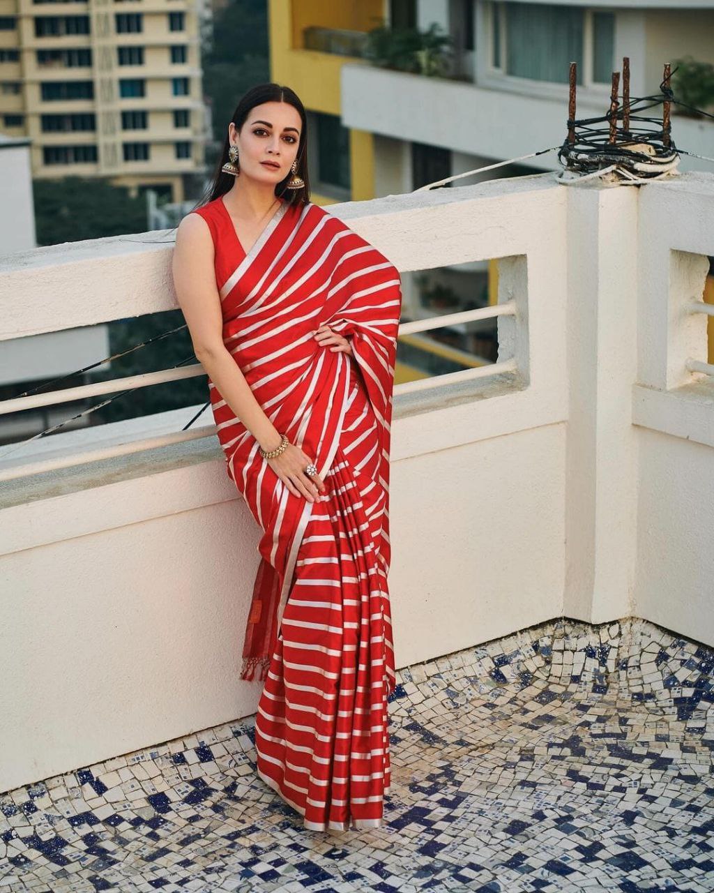 "Enchanting Red & White Striped Dia Mirza Inspired Satin Silk Saree with Digital Print Border"