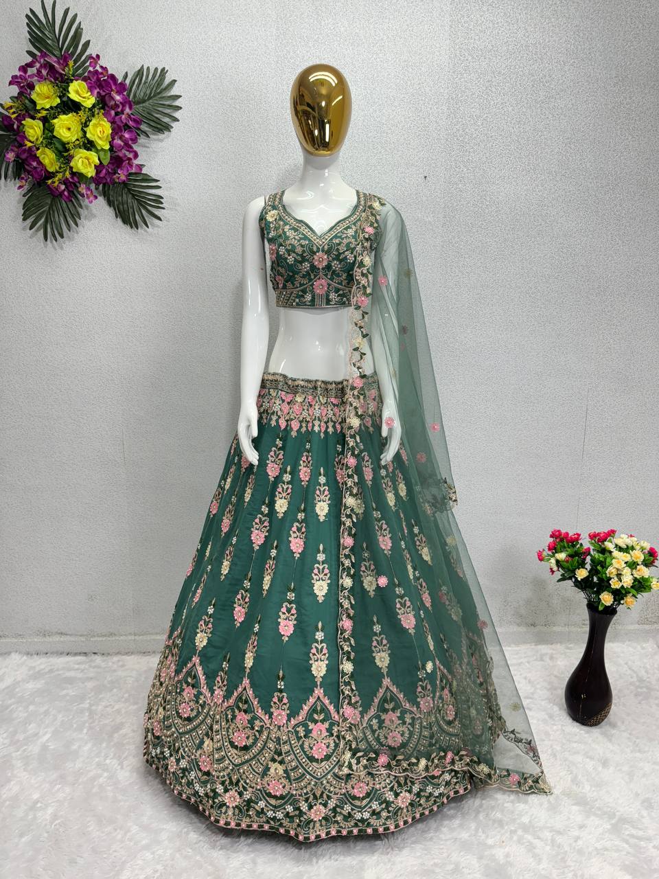 "Exquisite Bridal Ensemble: Heavy Chine Sequence Semi-Stitched  Lehenga Choli with Luxe Net Dupatta"