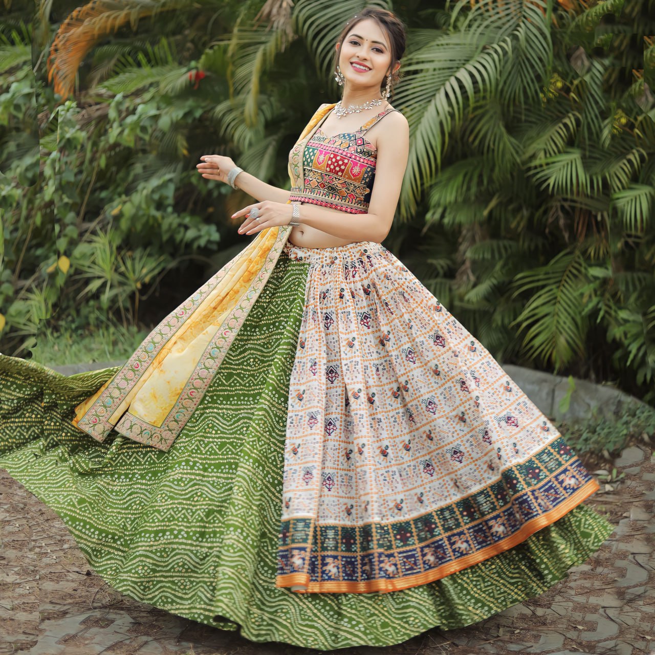 "Exquisite Bandhej Patola Foil Print Lehenga Choli Set: Elegance Redefined"