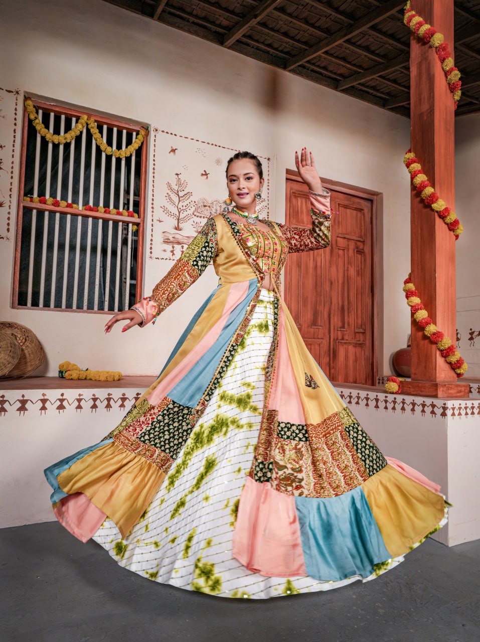 Women's  Rayon Cotton Indo Western Multicolour Lehenga Choli Set with Yellow Blouse and Multi-Color Jacket