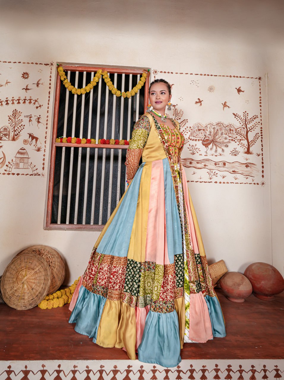 Women's  Rayon Cotton Indo Western Multicolour Lehenga Choli Set with Yellow Blouse and Multi-Color Jacket