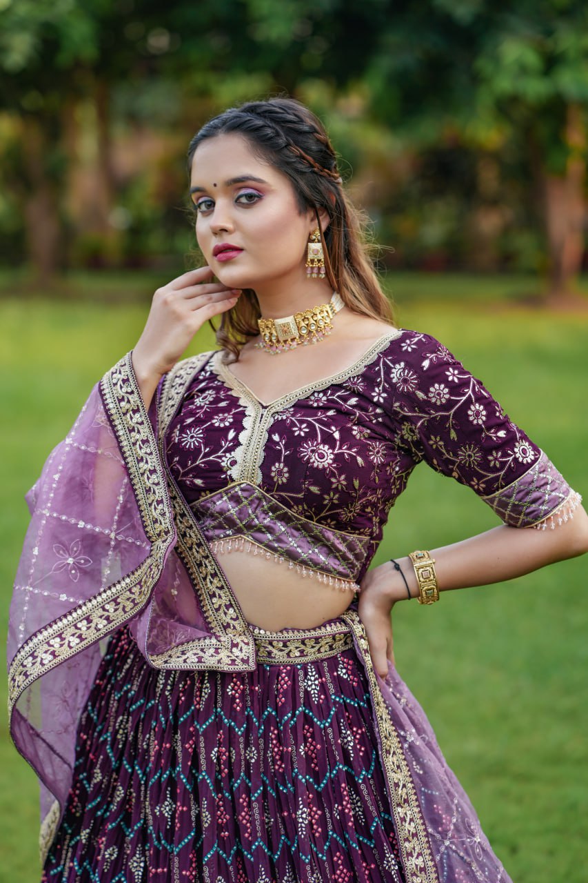 "Exquisite Wine Varnish Embroidered Lahenga Choli Set with Free Men's Kurta Bottom - Perfect for Special Occasions!"