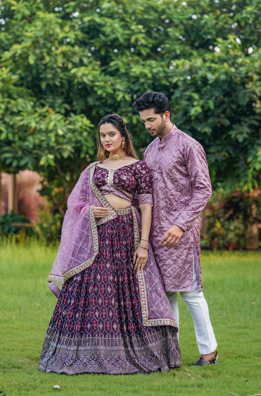 "Exquisite Wine Varnish Embroidered Lahenga Choli Set with Free Men's Kurta Bottom - Perfect for Special Occasions!"