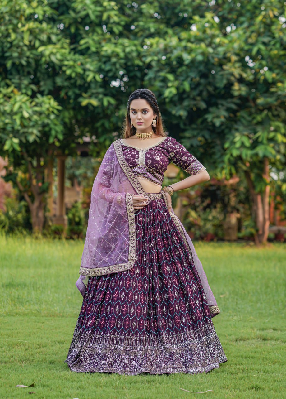 "Exquisite Wine Varnish Embroidered Lahenga Choli Set with Free Men's Kurta Bottom - Perfect for Special Occasions!"