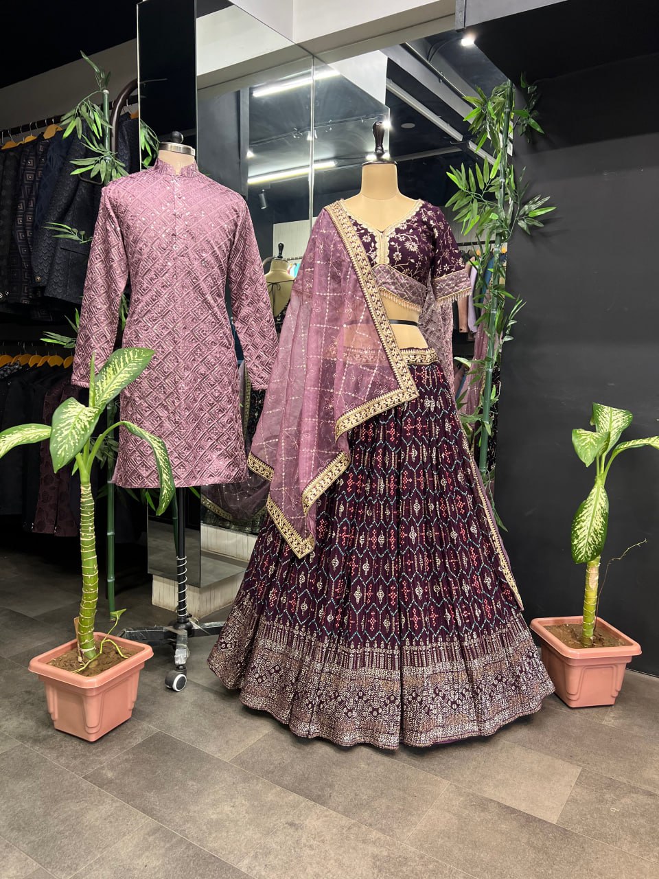 "Exquisite Wine Varnish Embroidered Lahenga Choli Set with Free Men's Kurta Bottom - Perfect for Special Occasions!"