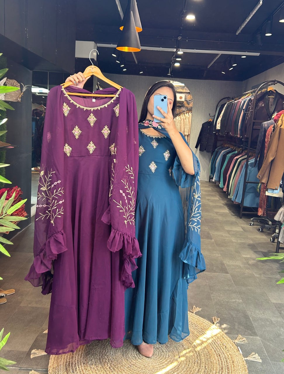 "Embroidered Georgette Gown with Matching Shrug - Wine & Rama Blue | Elegant Flair & Intricate Detailing"