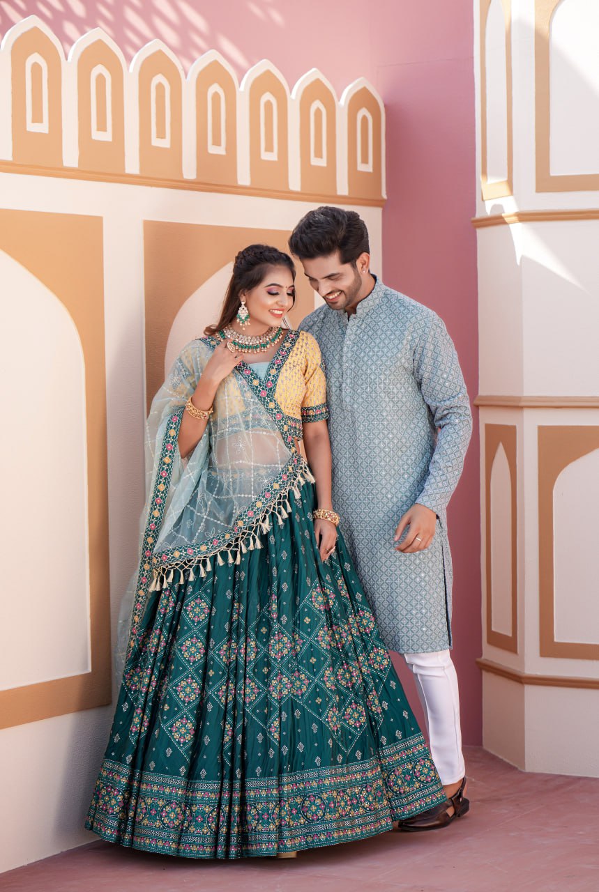 "Royal Green Foil Embroidered Women's Lehenga Choli Set with Complimentary Men's Kurta Bottom - Luxury Ethnic Wear Ensemble"