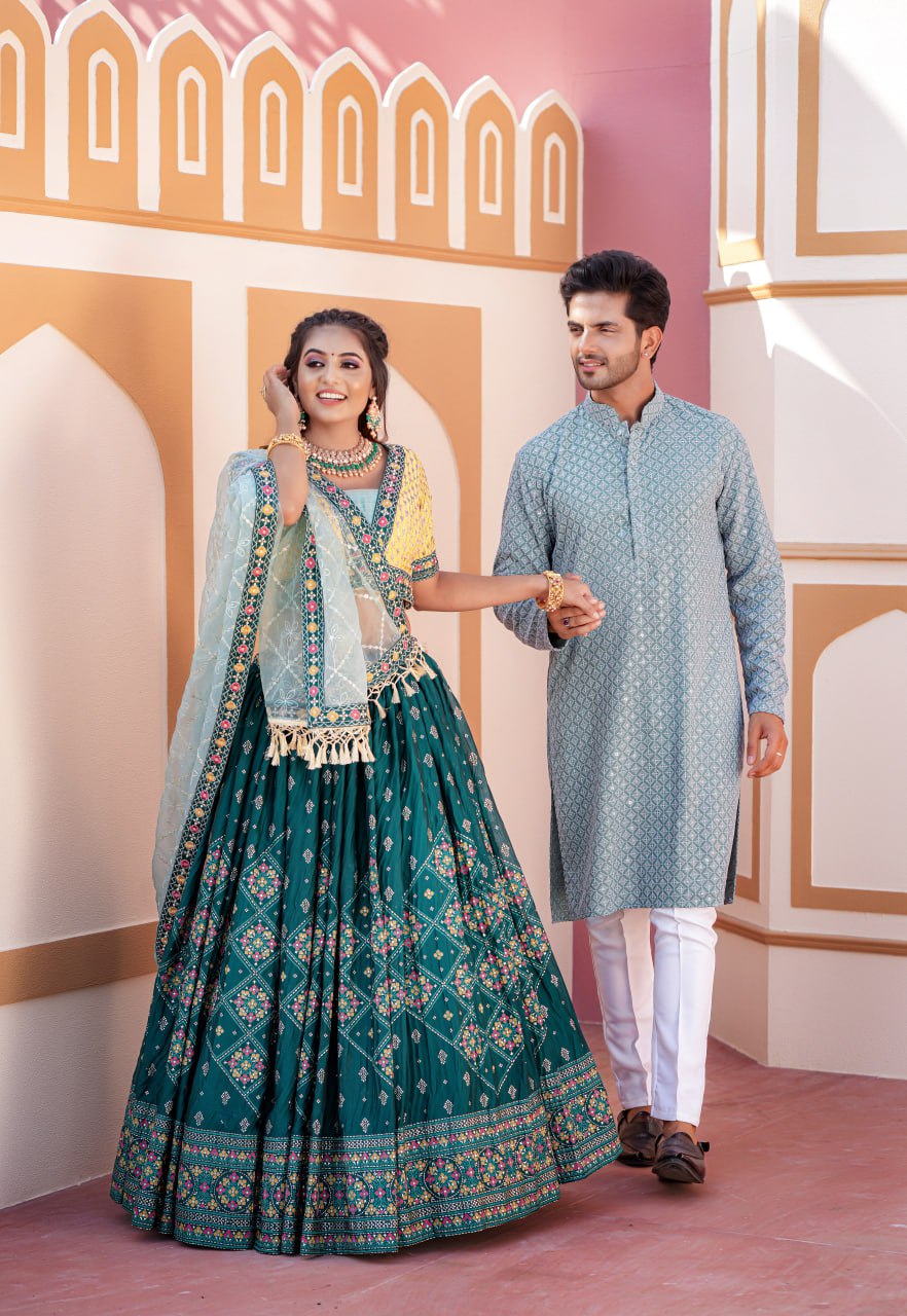 "Royal Green Foil Embroidered Women's Lehenga Choli Set with Complimentary Men's Kurta Bottom - Luxury Ethnic Wear Ensemble"