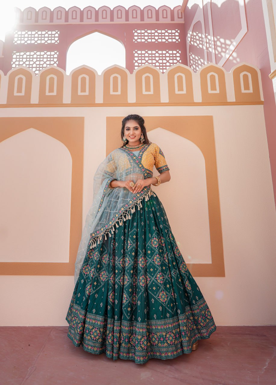 "Royal Green Foil Embroidered Women's Lehenga Choli Set with Complimentary Men's Kurta Bottom - Luxury Ethnic Wear Ensemble"