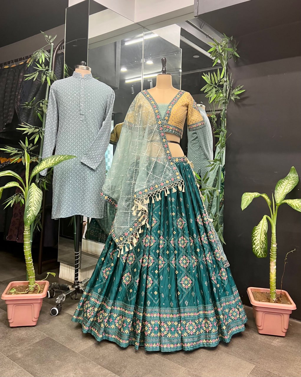 "Royal Green Foil Embroidered Women's Lehenga Choli Set with Complimentary Men's Kurta Bottom - Luxury Ethnic Wear Ensemble"