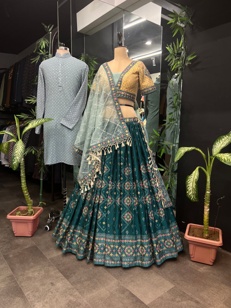 "Royal Green Foil Embroidered Women's Lehenga Choli Set with Complimentary Men's Kurta Bottom - Luxury Ethnic Wear Ensemble"