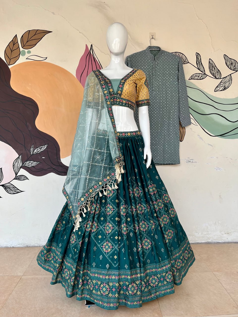 "Royal Green Foil Embroidered Women's Lehenga Choli Set with Complimentary Men's Kurta Bottom - Luxury Ethnic Wear Ensemble"