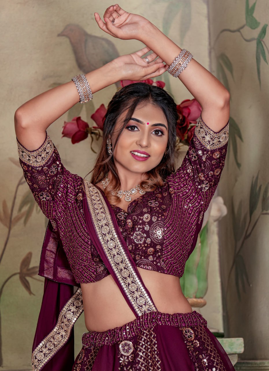 "Regal Wine Embroidered Lehenga Choli Set: Luxe Georgette Ensemble"