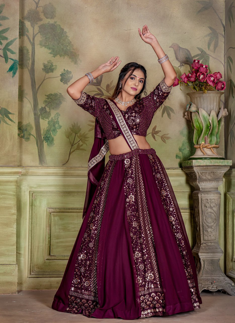 "Regal Wine Embroidered Lehenga Choli Set: Luxe Georgette Ensemble"