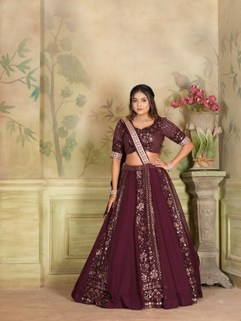 "Regal Wine Embroidered Lehenga Choli Set: Luxe Georgette Ensemble"