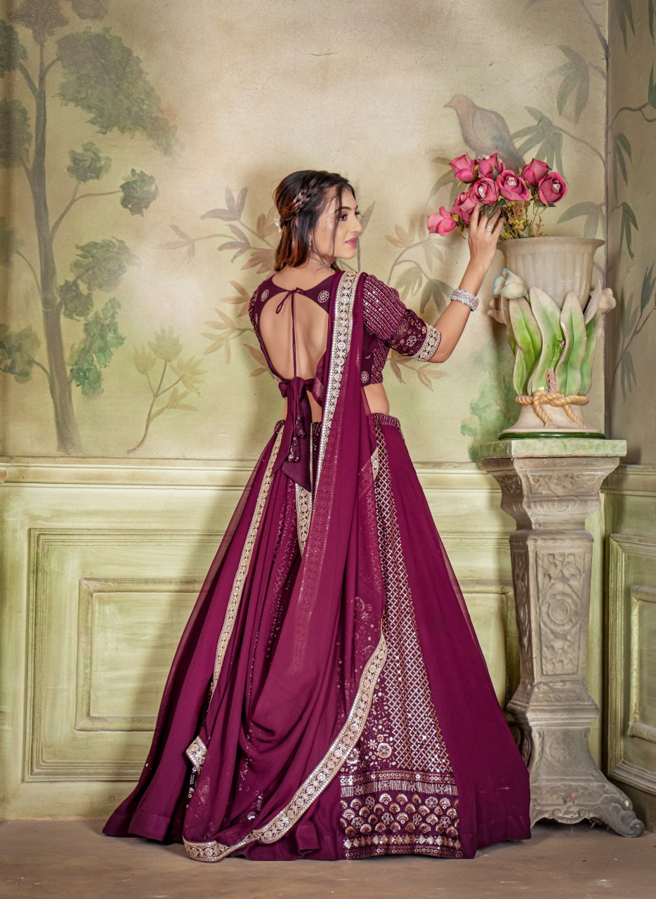 "Regal Wine Embroidered Lehenga Choli Set: Luxe Georgette Ensemble"