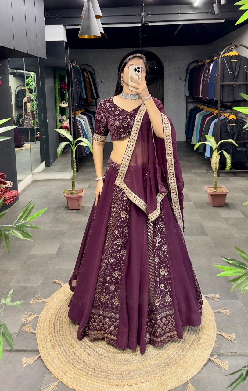 "Regal Wine Embroidered Lehenga Choli Set: Luxe Georgette Ensemble"