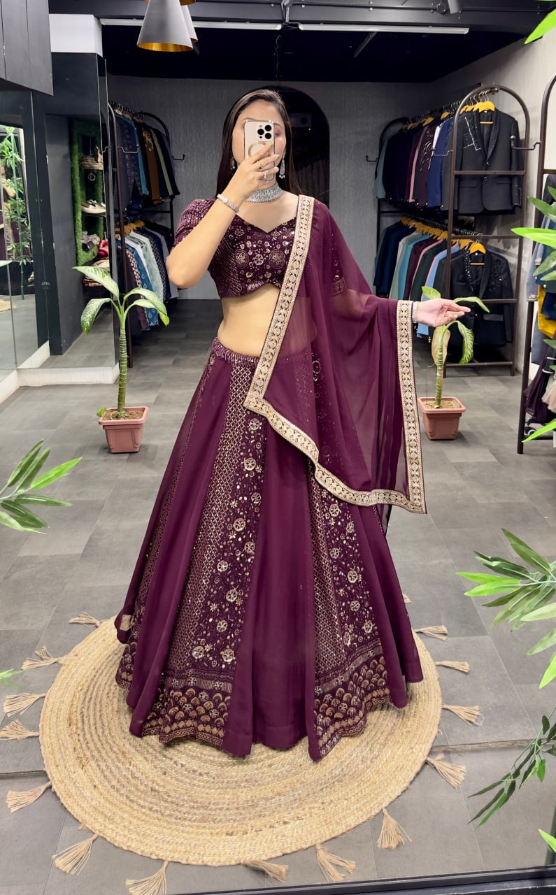 "Regal Wine Embroidered Lehenga Choli Set: Luxe Georgette Ensemble"