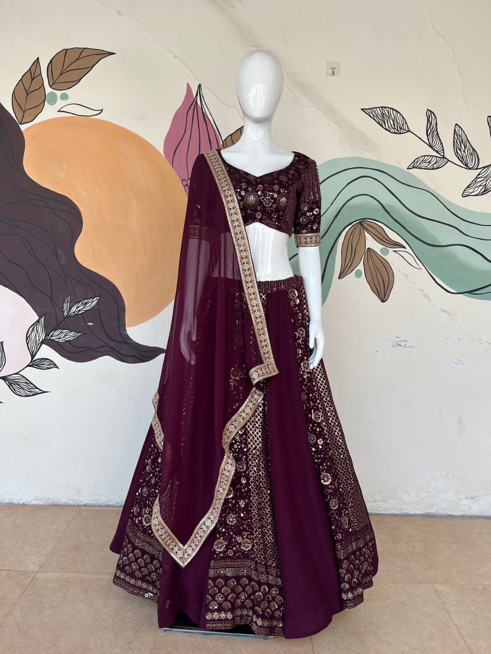 "Regal Wine Embroidered Lehenga Choli Set: Luxe Georgette Ensemble"