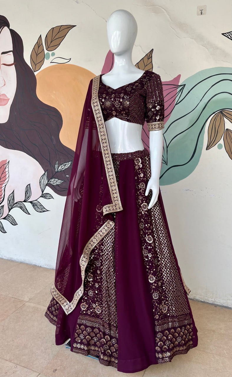 "Regal Wine Embroidered Lehenga Choli Set: Luxe Georgette Ensemble"