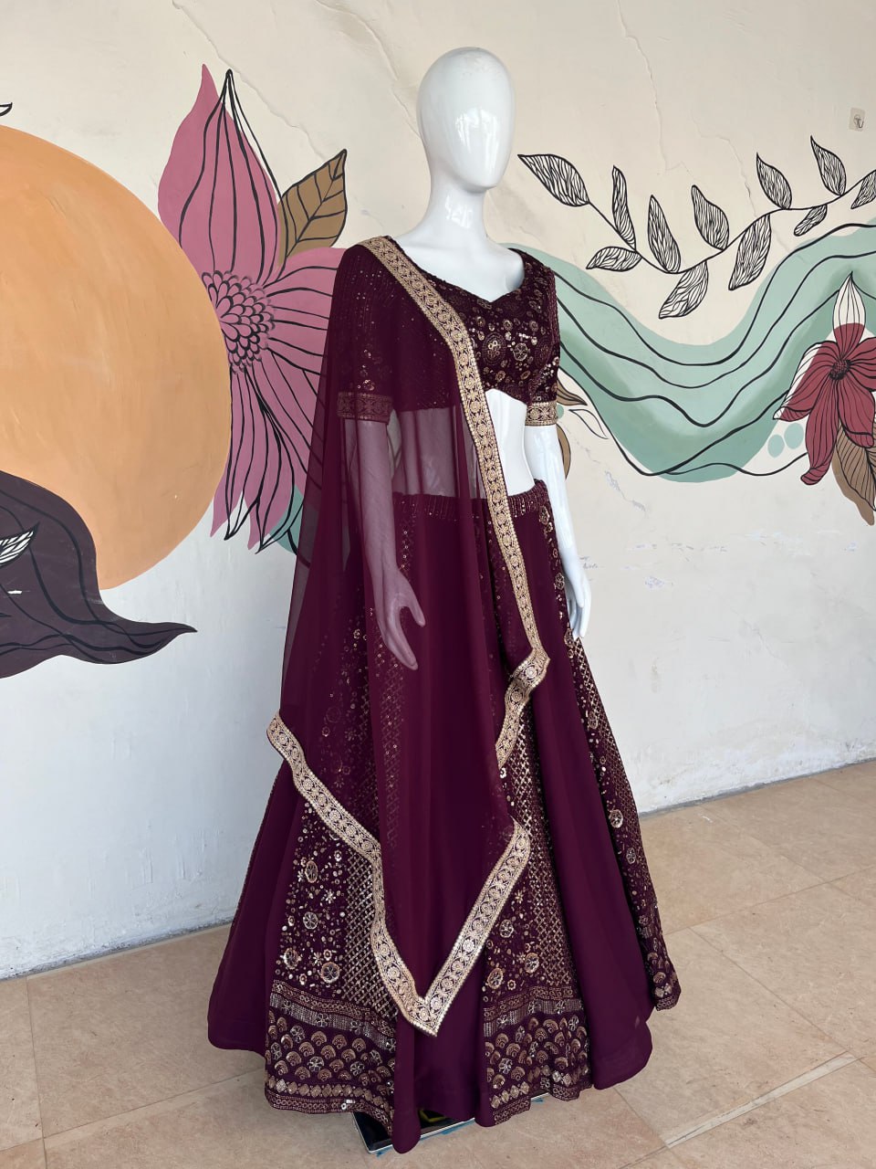 "Regal Wine Embroidered Lehenga Choli Set: Luxe Georgette Ensemble"