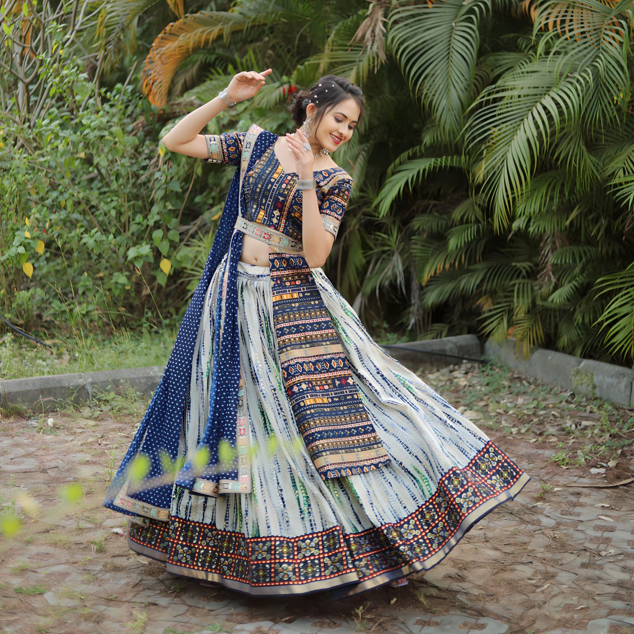 "Royal Shibori Splendor: Navy Blue & Off-White Lehenga Choli Set"